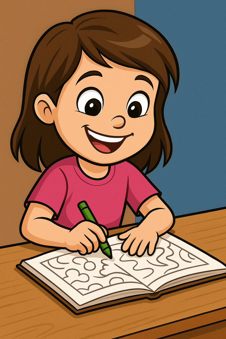 A child sitting at a desk, smiling as she draws in a workbook.